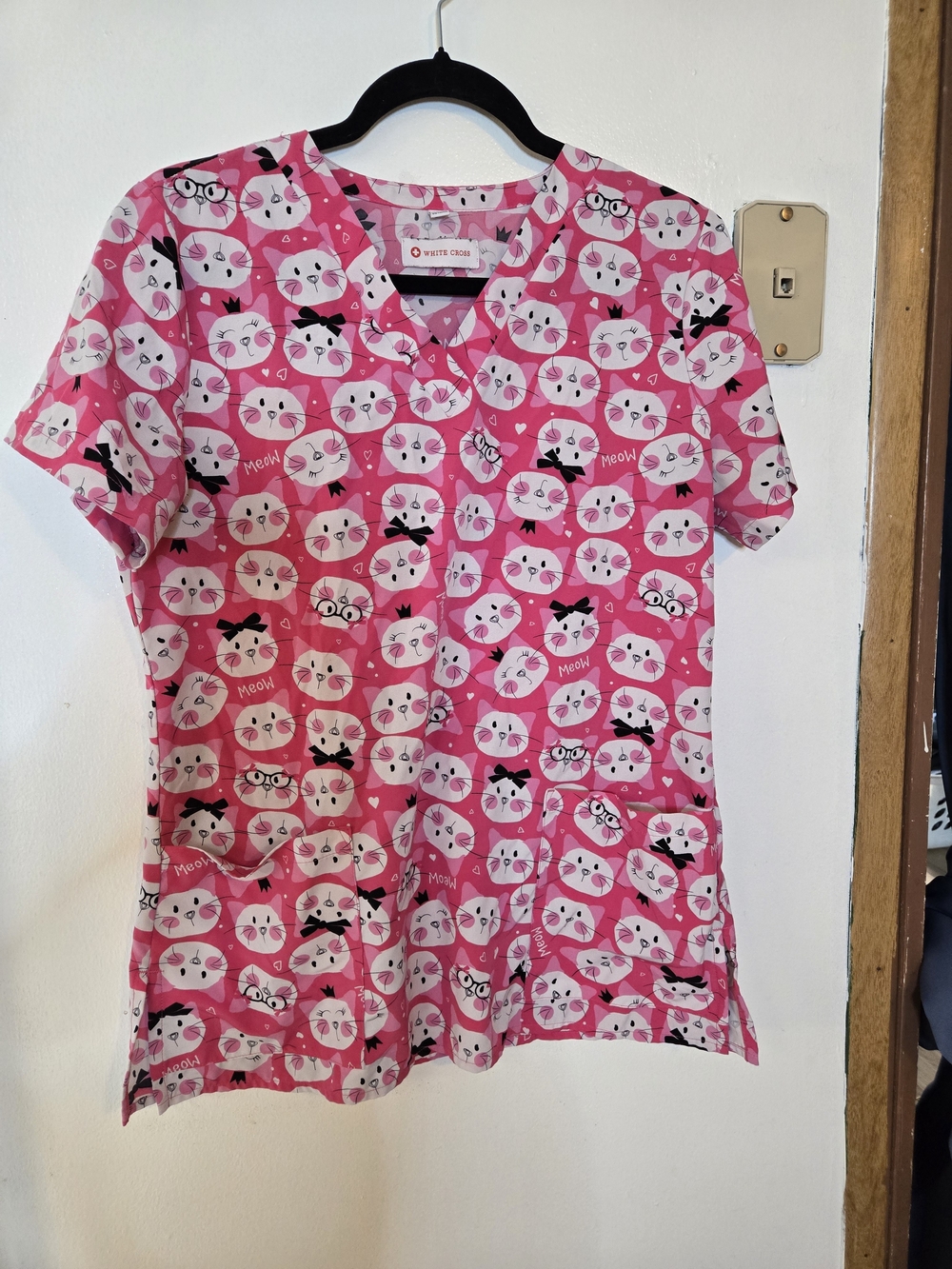 White Cross Pink Cat Pattern Scrub Top